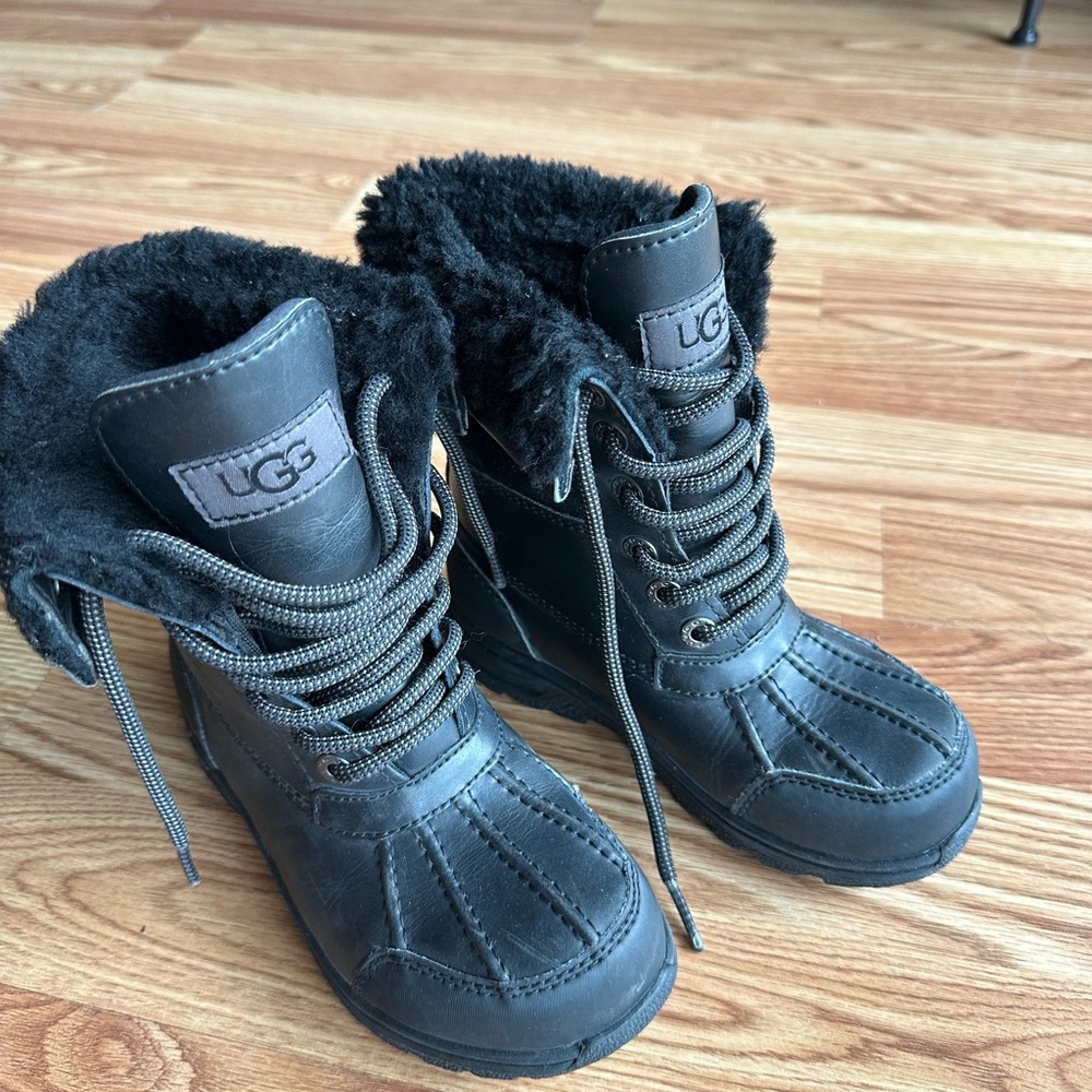 UGG Kids Black Furry Lace-Up Boots